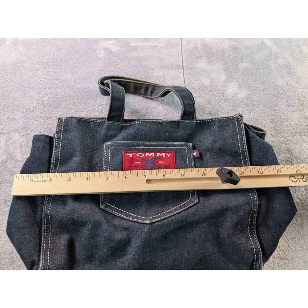 Tommy Hilfiger Denim Tote Bag Dark Wash Red Logo Patch Small Handbag - Picture 4 of 6